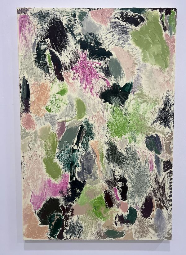 Colorful abstract painting with textured brush strokes.