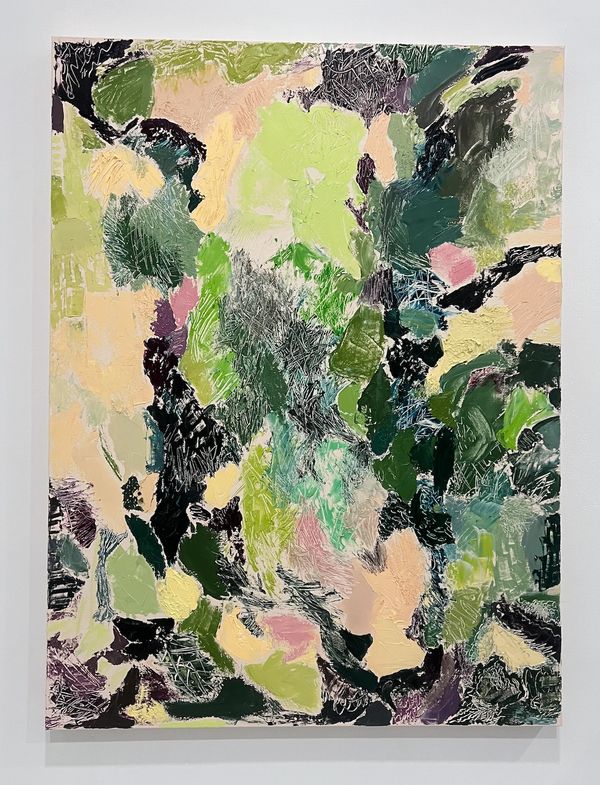 Abstract painting with greens, pinks, and blacks.