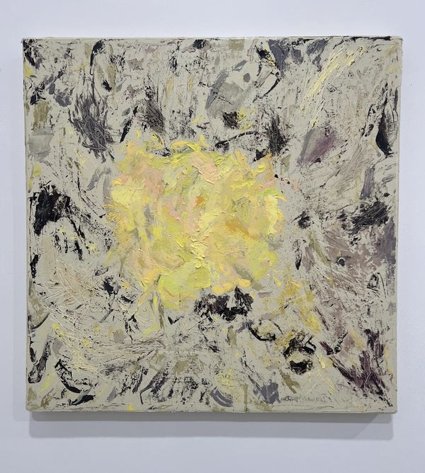 Abstract painting with yellow centerpiece and gray-black background.