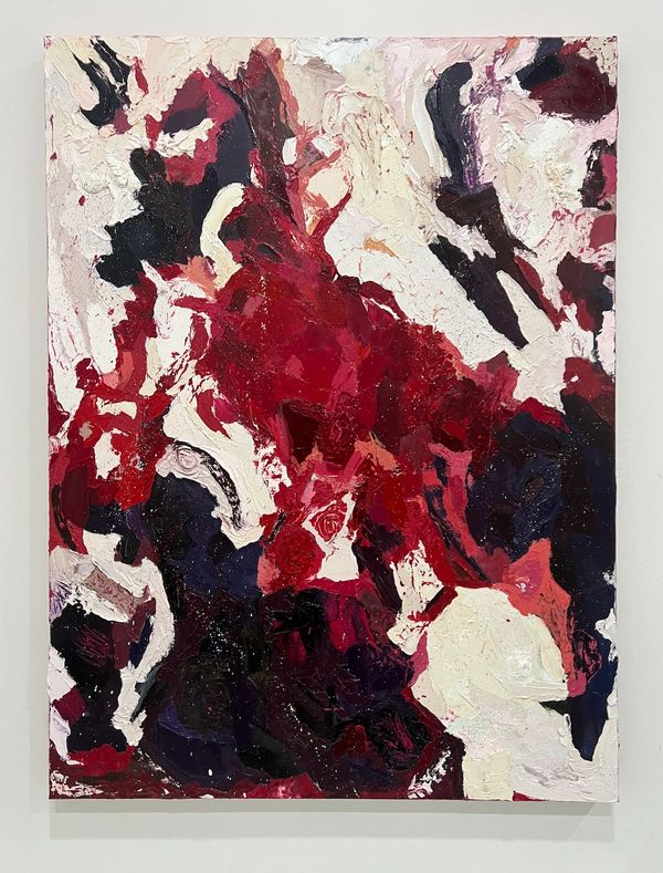 Abstract painting with red, white, and black textured paint.