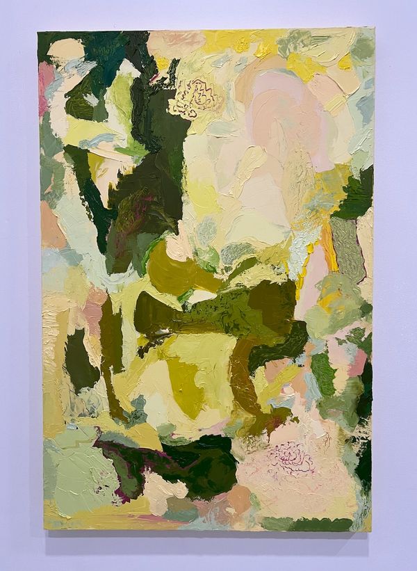 Abstract colorful painting with greens and yellows.