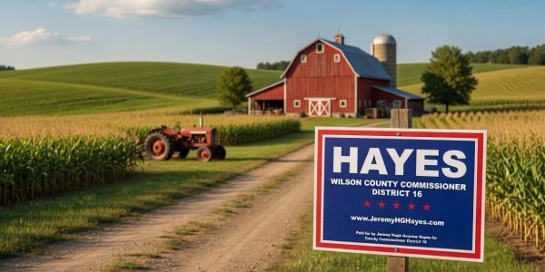 A political campaign sign on a rural farm road with a red barn and tractor.