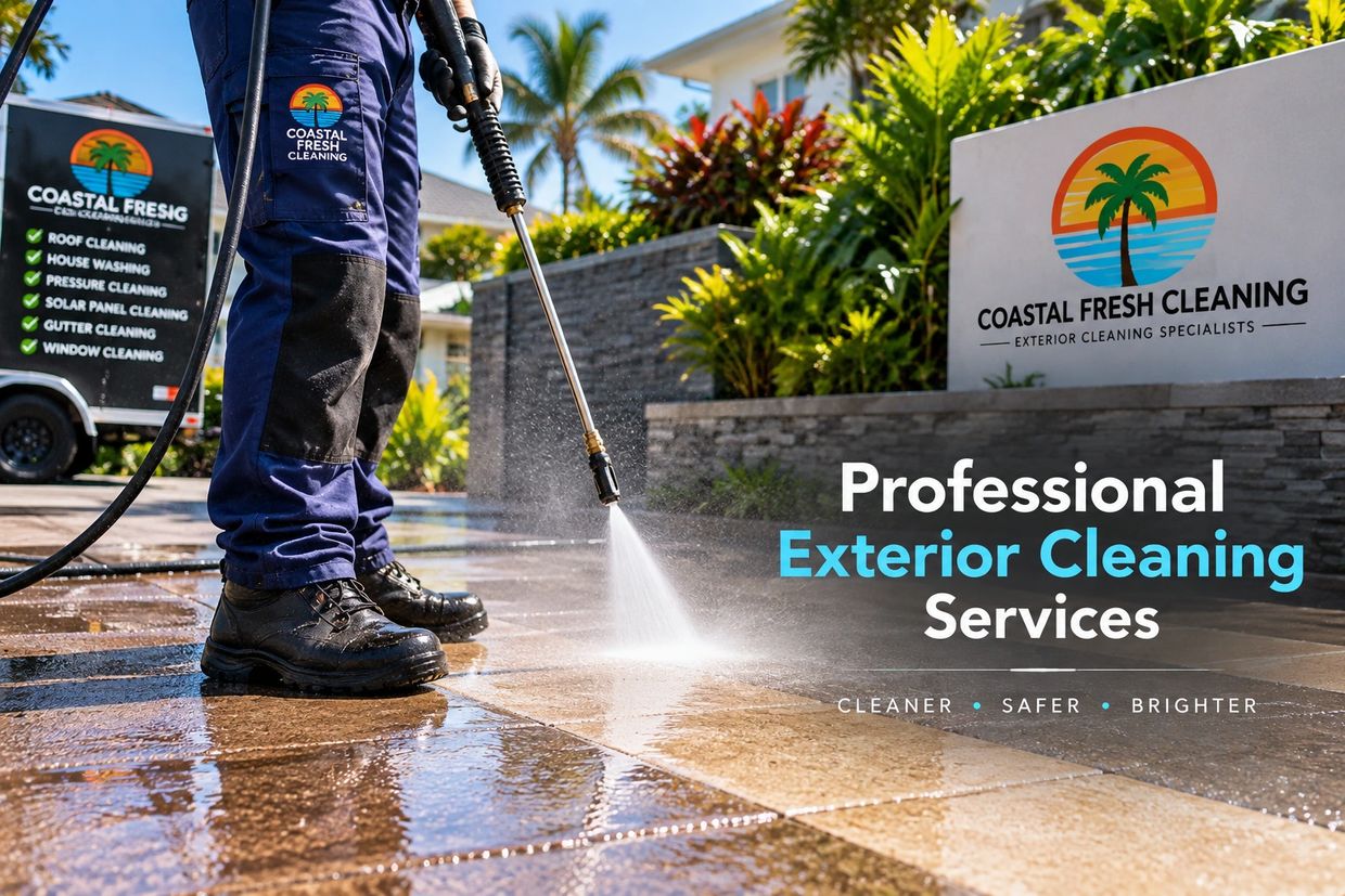 Professional pressure washing cleaning outdoor tiles.