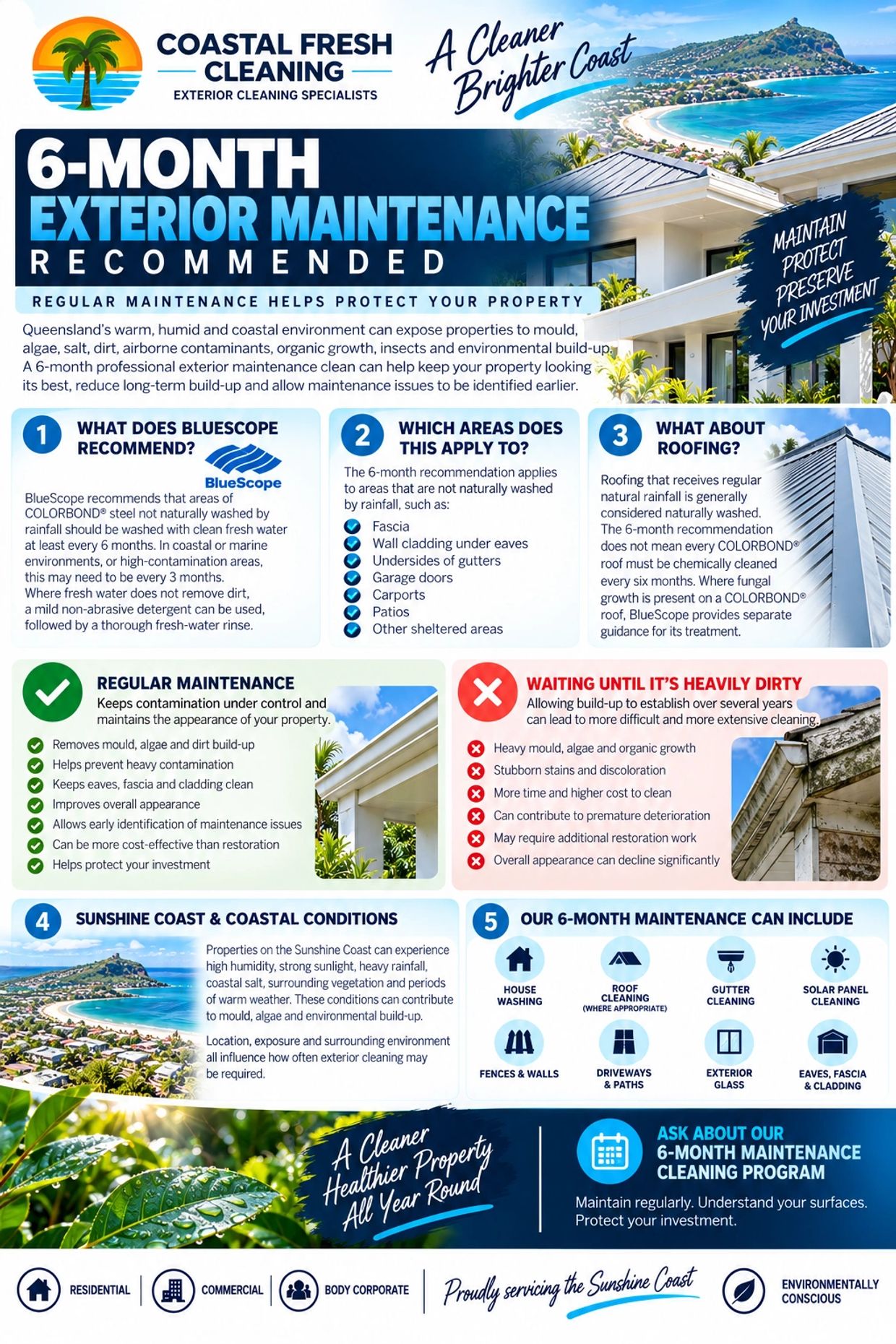 Coastal Fresh Cleaning recommends 6-month exterior maintenance to protect properties in humid coastal areas.
