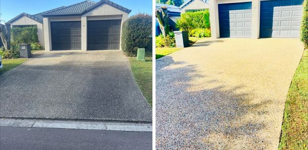 Driveway before and after resurfacing, showing a brighter, cleaner finish.