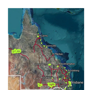 Map of Queensland, Australia, highlighting cities and road networks.