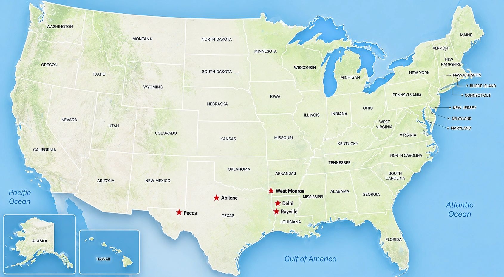 Map of the United States highlighting five cities with red stars.