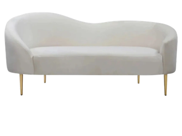 Elegant white velvet sofa with curved backrest and gold legs.