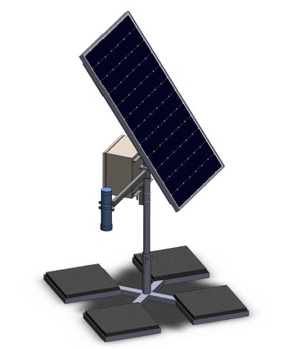 Standalone solar panel on adjustable mount with weighted base.