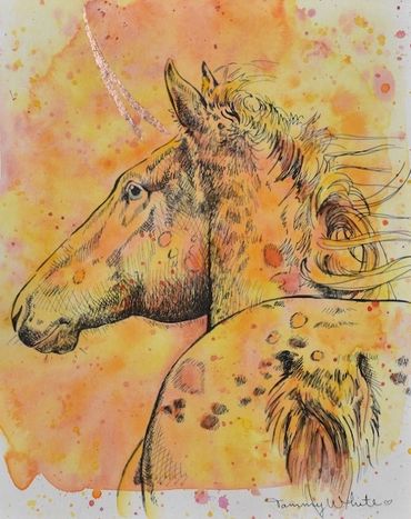 A horse painted in warm watercolors, ink line drawing, unicorn horn