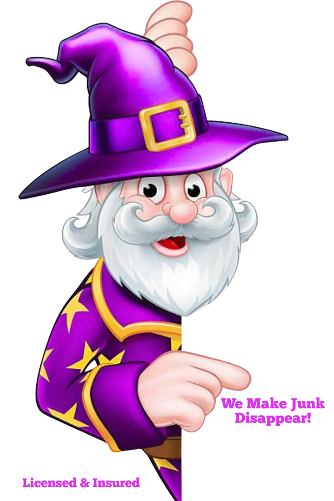 Cartoon wizard in purple promoting junk removal service.