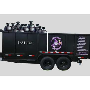 Black Dump Wizard trailer showing half load with trash bags and service list.