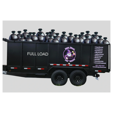 A black trailer filled with tied garbage bags labeled 'FULL LOAD' for junk removal.