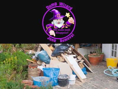Logo of Dump Wizard Junk Removal with a wizard and slogan.