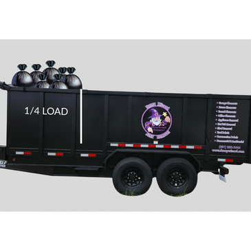 Black dumpster trailer with 1/4 load of trash bags and Dump Wizard branding.