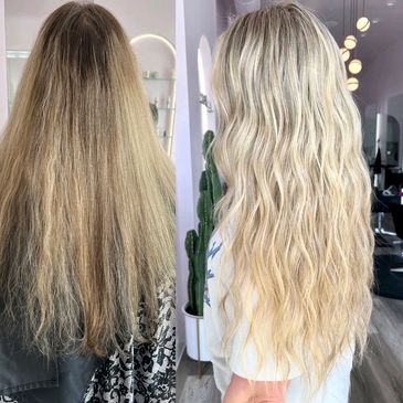 Blonde hair extensions before and after with added length Woodland Hills