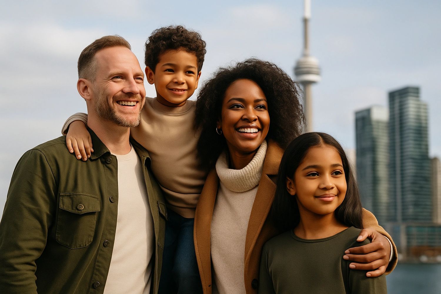 Happy diverse family smiling together outdoors with city skyline in background.