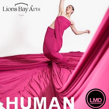 A dancer wrapped in flowing pink fabric striking a graceful pose.