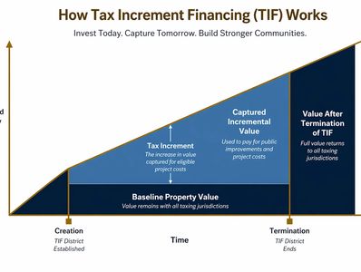Diagram illustrating how Tax Increment Financing (TIF) captures increased property value over time.