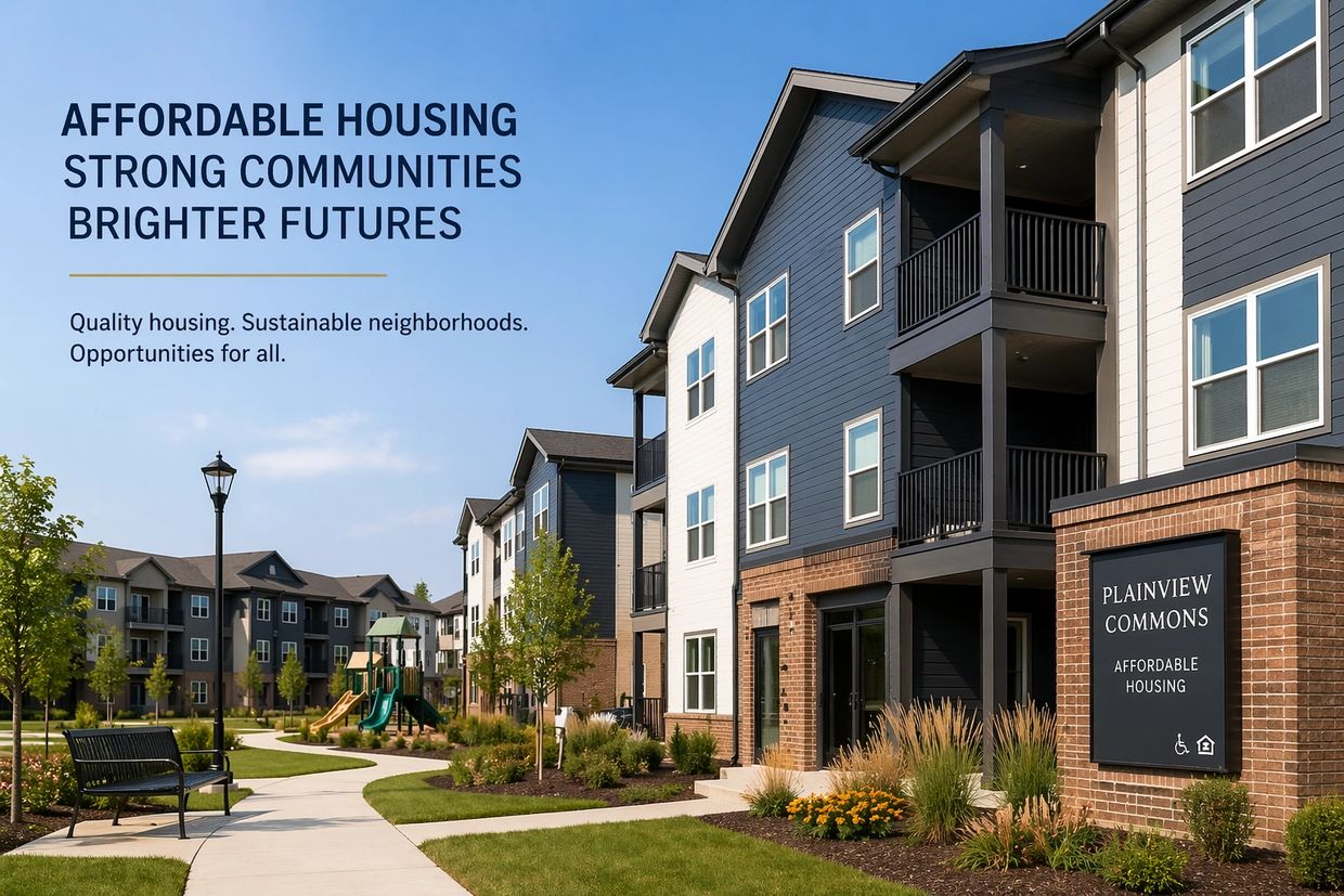 Modern affordable housing complex promoting strong communities and brighter futures.