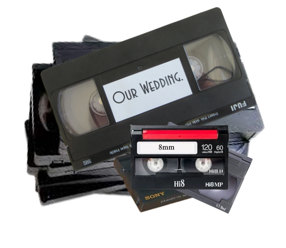 VHS and 8mm tapes.