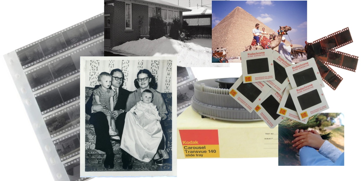 Collage of old photos, slides and negatives.