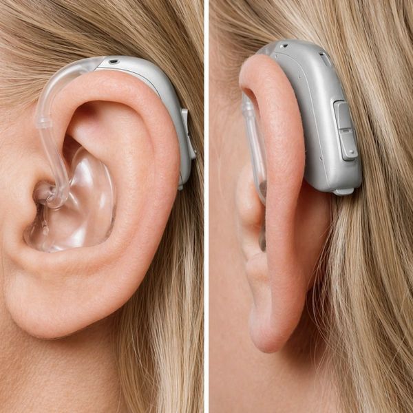 Close-up of a hearing aid worn behind the ear from two angles.