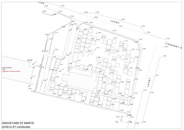 Architectural site plan of Graveyard St Marys showing plot layouts and dimensions.