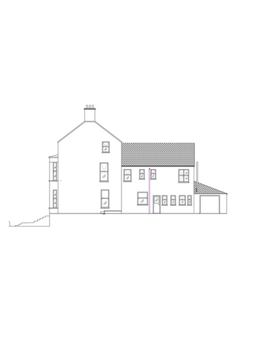 Architectural side elevation drawing of a two-story house with multiple windows and a garage.