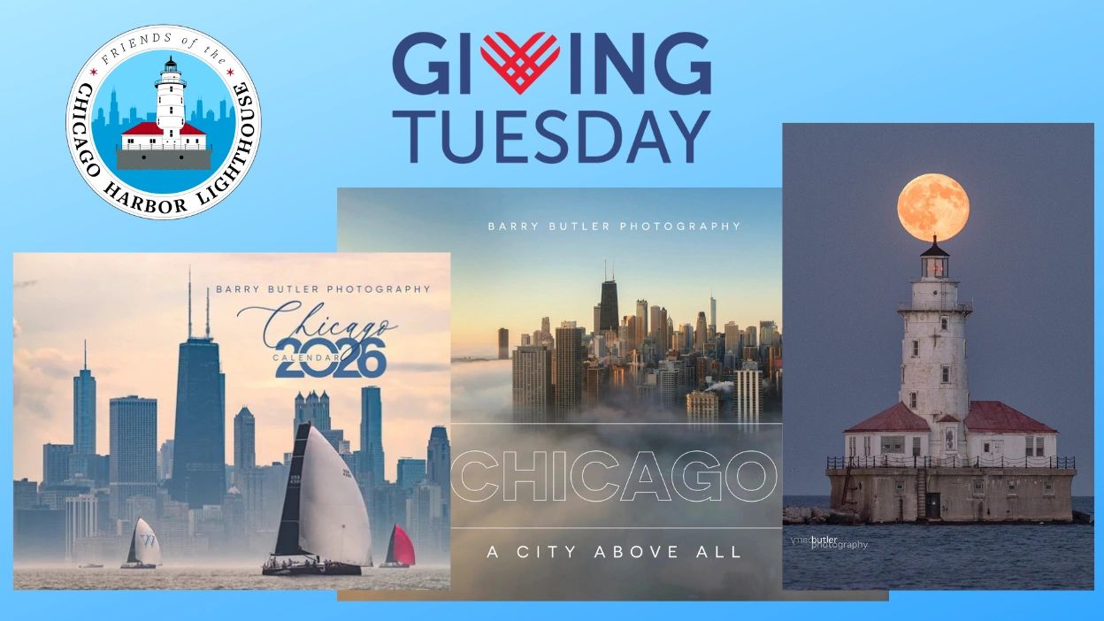 Chicago Harbor Lighthouse Giving Tuesday campaign with cityscapes and lighthouse images.