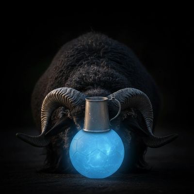 Black ram holding glowing blue orb in its mouth.