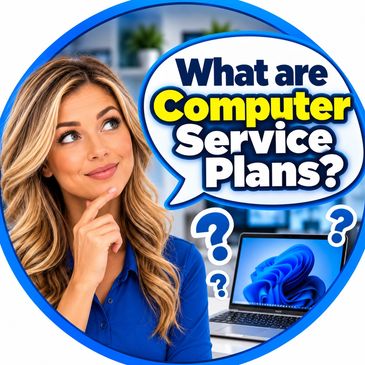 Woman thinking about computer service plans with a laptop and question marks.