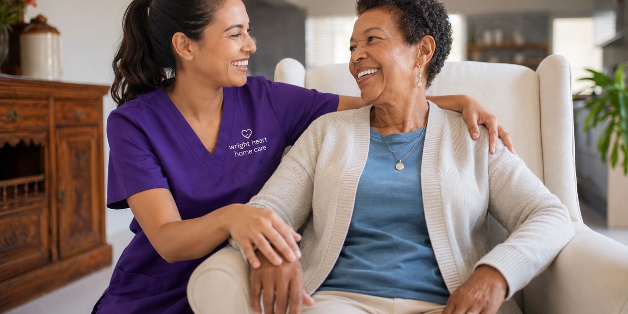 Caregiver in purple scrubs warmly supporting an elderly woman sitting in a chair.
