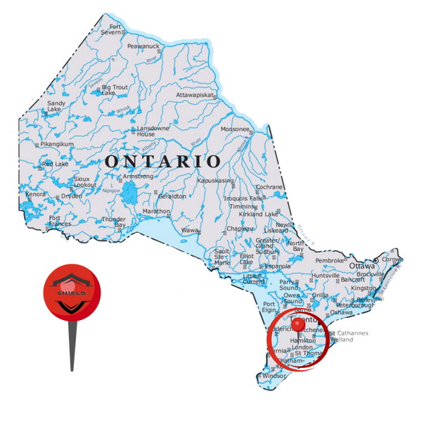 Map of Ontario with a shield marker near Toronto.