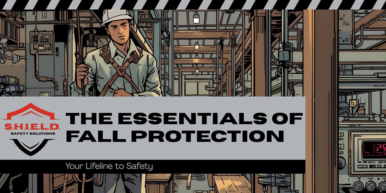 Industrial worker wearing fall protection gear in a factory setting.