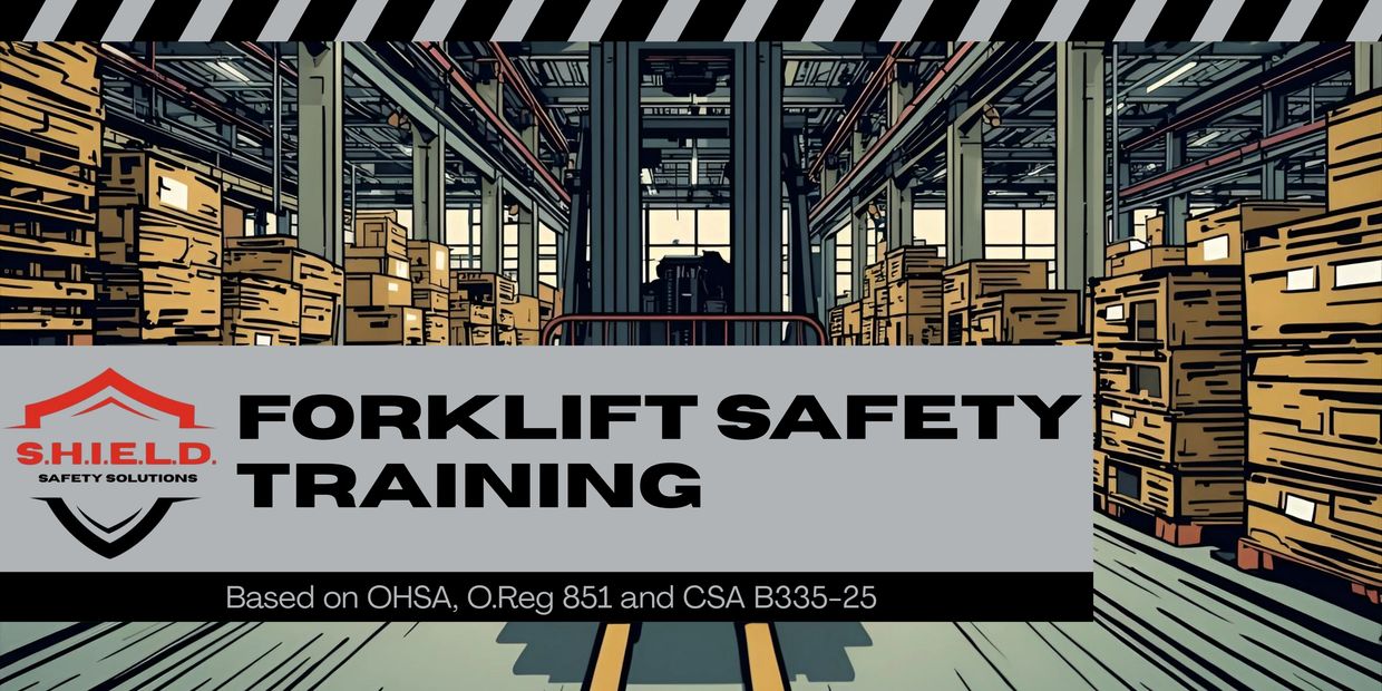 Forklift safety training in a warehouse filled with stacked boxes.