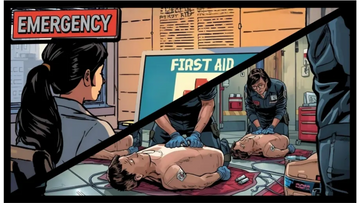 Graphic showing worker using computer on upper left and workers practicing CPR in the lower right.