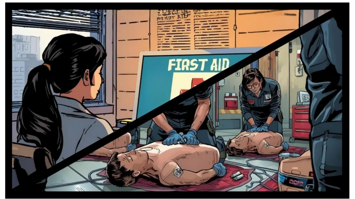 Graphic showing worker using computer on upper left and workers practicing CPR in the lower right.