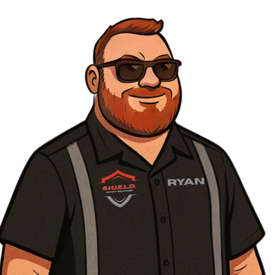Graphic of Ryan Hillier wearing a SHIELD uniform and sunglasses. Ryan has red hair and a beard.