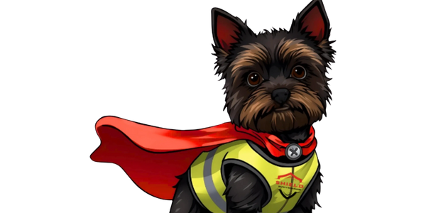 Small dog wearing a superhero cape and vest.