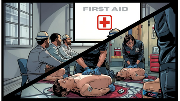 Graphic showing workers in classroom on upper left and workers practicing CPR in the lower right.