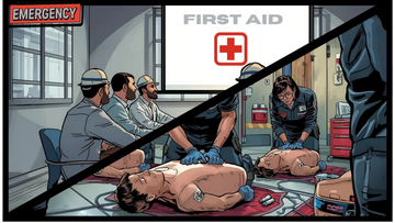Graphic showing workers in classroom on upper left and workers practicing CPR in the lower right.