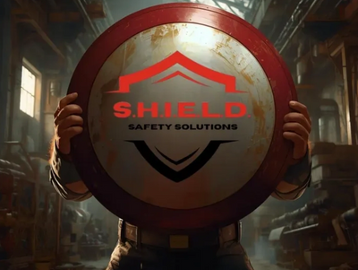 Person holding a shield with S.H.I.E.L.D Safety Solutions logo in an industrial setting.