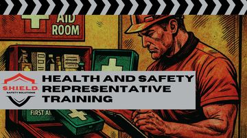 Illustration of health and safety training with a worker and first aid kits.