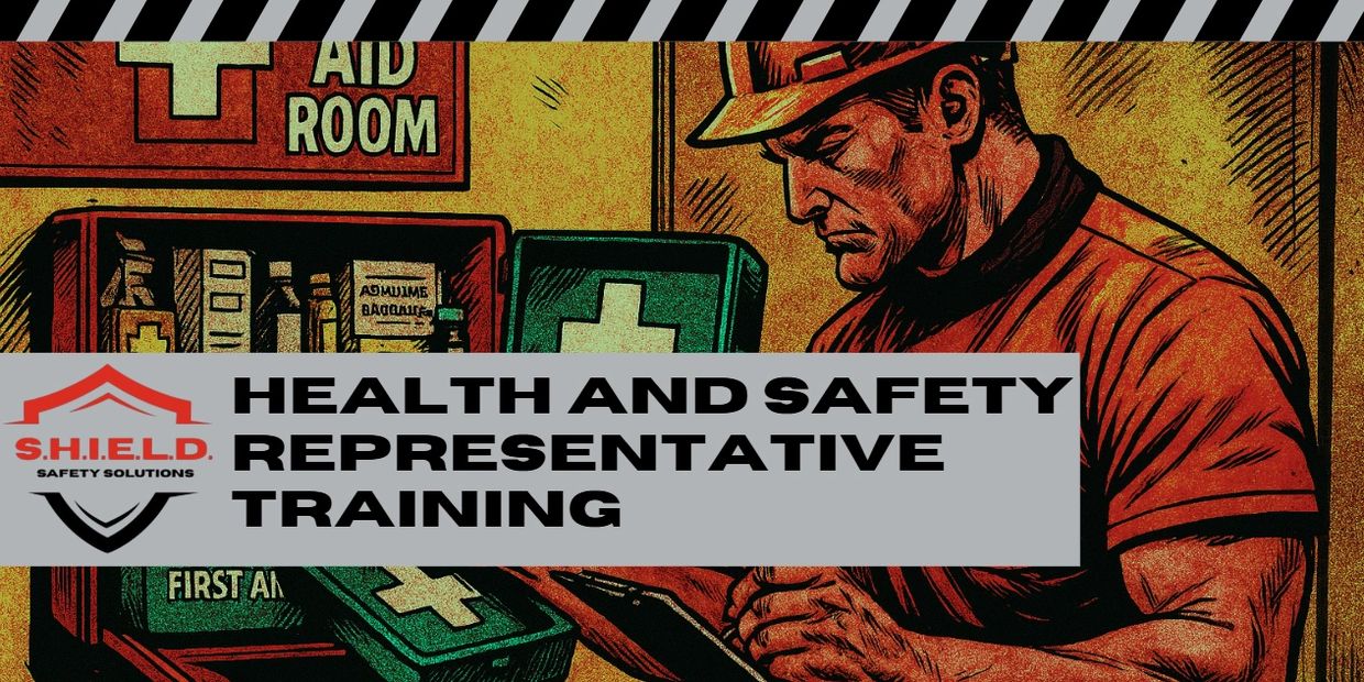 Illustration of health and safety training with a worker and first aid kits.