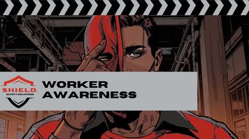 Worker awareness safety campaign poster with a man holding a red helmet.