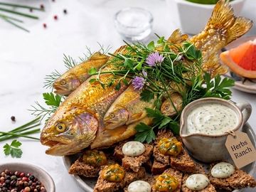 A plate of golden cooked fish garnished with herbs and served with herb ranch sauce and bread.
