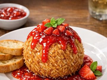 Crispy fried rice ball topped with strawberry sauce and fresh mint, served with toasted bread slices.