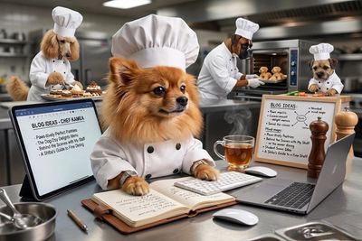 Dogs dressed as chefs working on blog ideas in a kitchen.