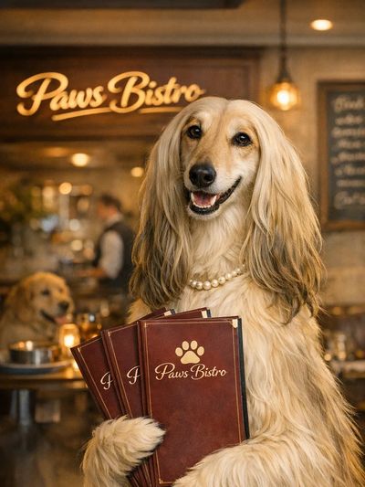 A dog dressed as a waiter holding menus at Paws Bistro.